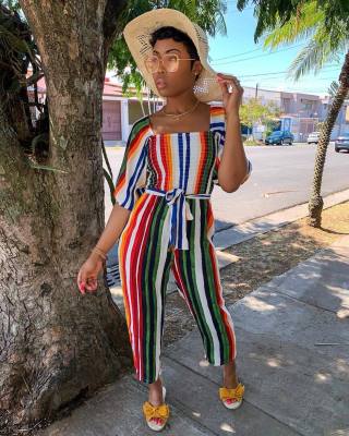 Colorful Stripe Wide Leg Jumpsuit For Ladies R6153