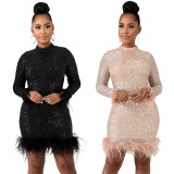 Party Stylish Glitter Solid Sequin Bodycon Dress With Feather CCY8143