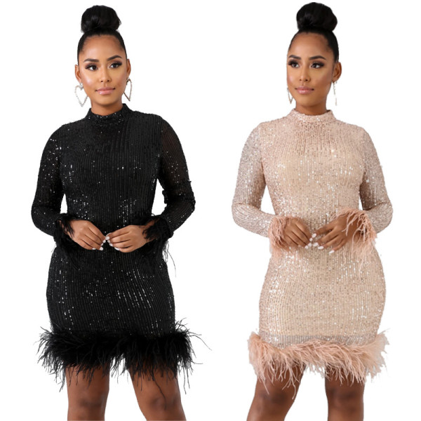 Party Stylish Glitter Solid Sequin Bodycon Dress With Feather CCY8143