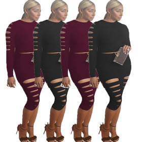 Solid Slit Long Sleeves Tops+Midi Shorts T3279H
