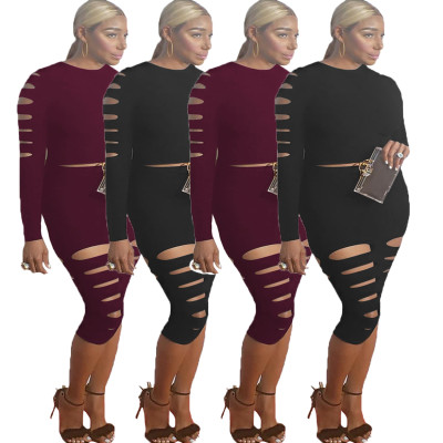 Solid Slit Long Sleeves Tops+Midi Shorts T3279H