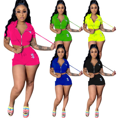 Sports and leisure solid color hot drill zipper two-piece set ED8189