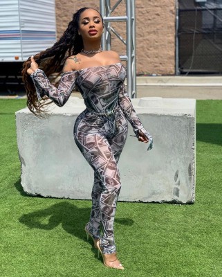 Sexy explosion mesh yarn print one shoulder two-piece MOS960