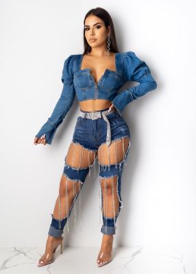Hot Sale Autumn Bodycon Pearl Decoration Ripped Jeans LD8629