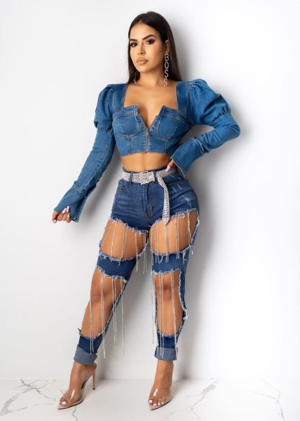 Hot Sale Autumn Bodycon Pearl Decoration Ripped Jeans LD8629