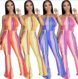 Color Stripe Slim Flare Pants Women's Suspender Jumpsuit KZ134