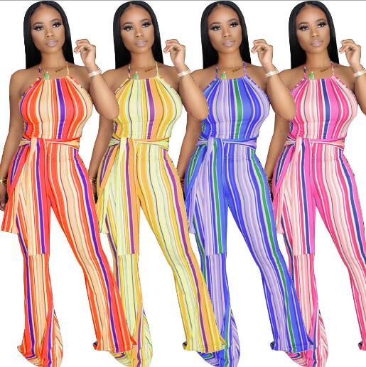 Color Stripe Slim Flare Pants Women's Suspender Jumpsuit KZ134