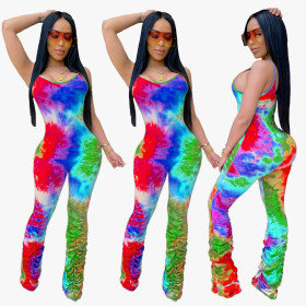 Women's Color Print Pleated Suspenders Jumpsuit JH143