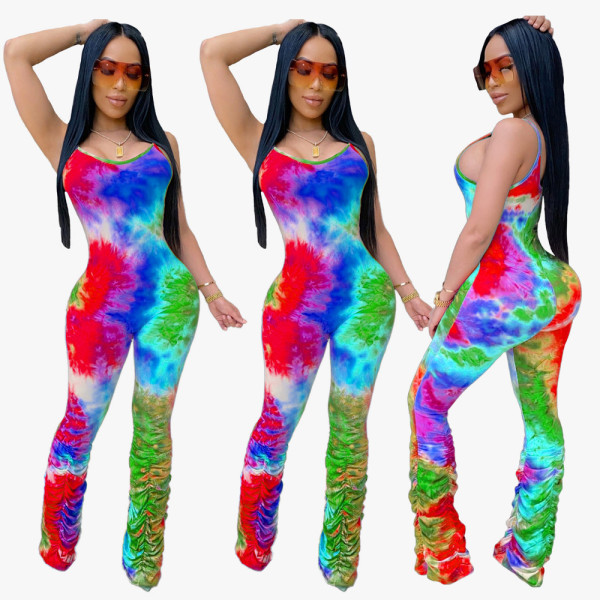Women's Color Print Pleated Suspenders Jumpsuit JH143