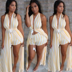Bandage Halter Neck Split Long Dress+Stripe Elastic Shorts BS1101