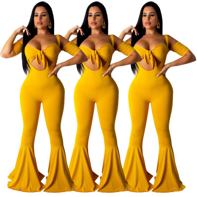 Off Shoulder Bra Top Strappy Flared Pants Pure Color Sets SDDD9150