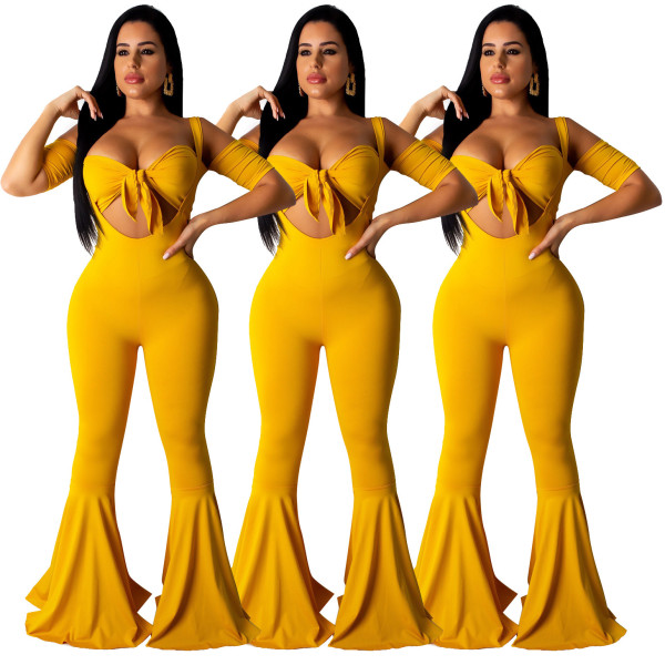 Off Shoulder Bra Top Strappy Flared Pants Pure Color Sets SDDD9150