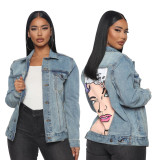 Fashionable Pattern Printed Long Sleeves Loose Denim Jacket SMR9790_3