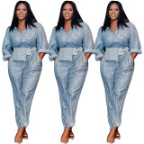 Long Sleeves Cargo Pants Button Down Solid Sequin Jumpsuit Q361