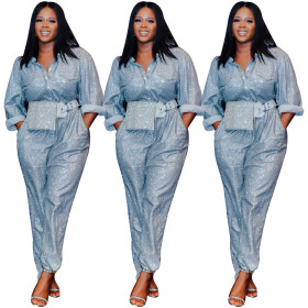 Long Sleeves Cargo Pants Button Down Solid Sequin Jumpsuit Q361