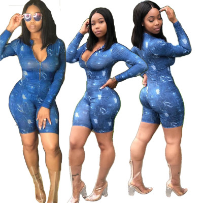 Hot Style Denim High Waist Bodycon Jumpsuit With Zipper AMM8052