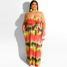 Women's tie dyed print with belt straight sexy strap dress OSS19389