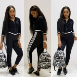 Hot Sale Stripe Patchwork Hooded Black Track Suits HM5159