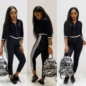 Hot Sale Stripe Patchwork Hooded Black Track Suits HM5159