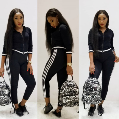 Hot Sale Stripe Patchwork Hooded Black Track Suits HM5159