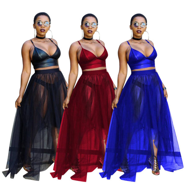 Solid Sexy Bra Tops Mesh Long Skirts Sets W8095