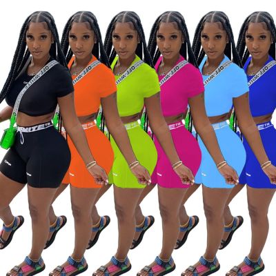 Sexy Letter Printed Round Neck Short Sleeves Mini Top With Shorts Two Piece Set YS386