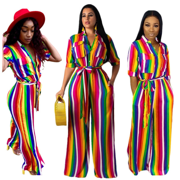 Hot Sale Multicolor Short Sleeves Wide Leg Jumpsuit BLX7317