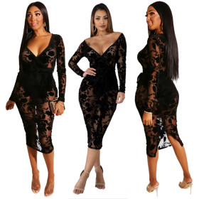 Sexy Mature Women V Collar Lace See Through Midi Dress QZ4076