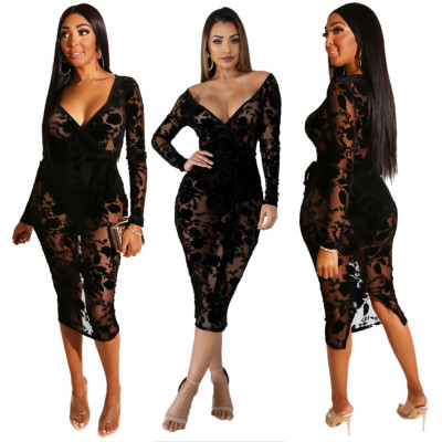 Sexy Mature Women V Collar Lace See Through Midi Dress QZ4076