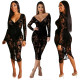 Sexy Mature Women V Collar Lace See Through Midi Dress QZ4076
