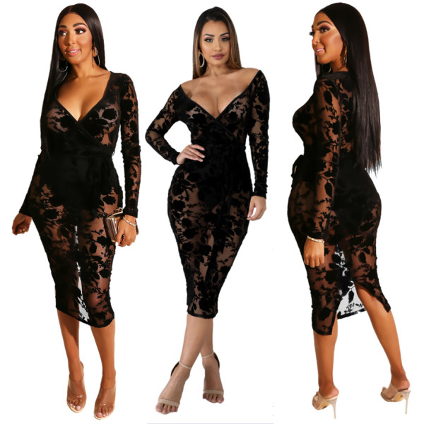 Sexy Mature Women V Collar Lace See Through Midi Dress QZ4076