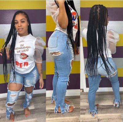 Women's fashion wild flower burnt hole small tassel jeans D8362