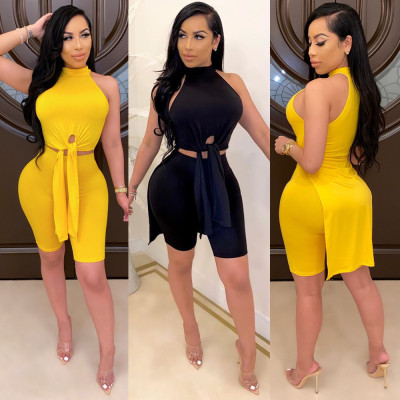 Personality slim sexy high split sleeveless top solid color two-piece suit BN9302