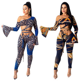 Sexy Tie Dye Printed Slash Neck Waistless Long Flared Sleeve Top With Trousers Two Piece Set YFS8693