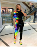 Fashion Graffiti Round Neck Short Sleeves T-Shirt With Trousers Two Piece Set R6317