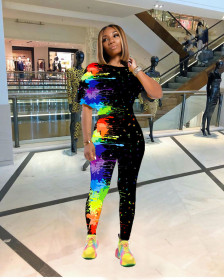 Fashion Graffiti Round Neck Short Sleeves T-Shirt With Trousers Two Piece Set R6317
