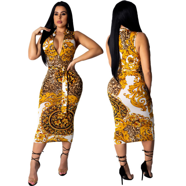 Mature Women Bodycon Sleeveless Printing Midi Dress ML7179