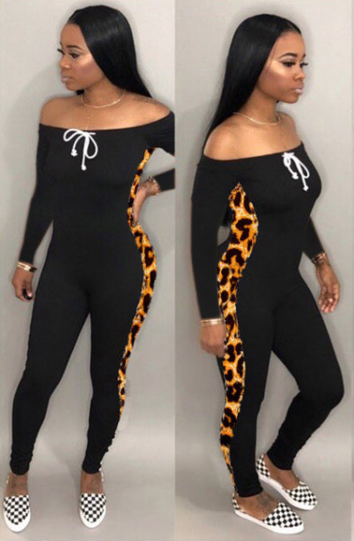 Trendy Slim Fitting Print Splicing Off Shoulder Sport Jumpsuit LMM8093