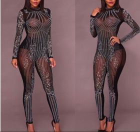 Rhinestone See Through Bodycon Jumpsuits OMR279
