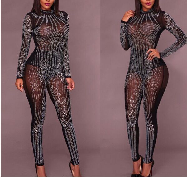 Rhinestone See Through Bodycon Jumpsuits OMR279