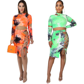 Tie-dye printed sexy bandage skirt top suit LML105
