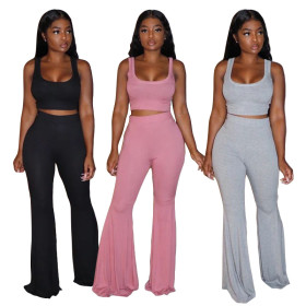 Sexy Solid Color Square Collar Sleeveless Mini Vest With Flared Trousers Two Piece Set MY9720