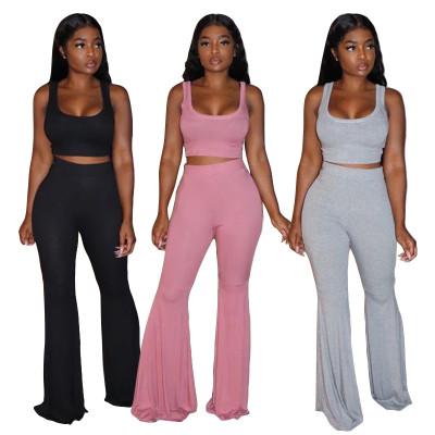Sexy Solid Color Square Collar Sleeveless Mini Vest With Flared Trousers Two Piece Set MY9720