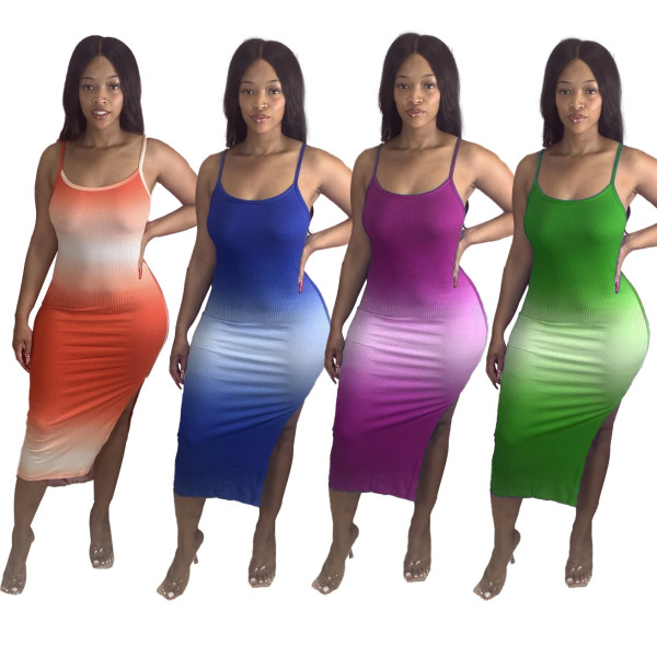 Sexy Knitting Gradient Color Suspenders Split Bodycon Midi Dress LA3206