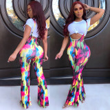 White Short Sleeves T-Shirt Strappy Printing Flares Pants CY1178