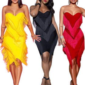 Pure Color Strapless Midi Dresses With Tassel CCY8088