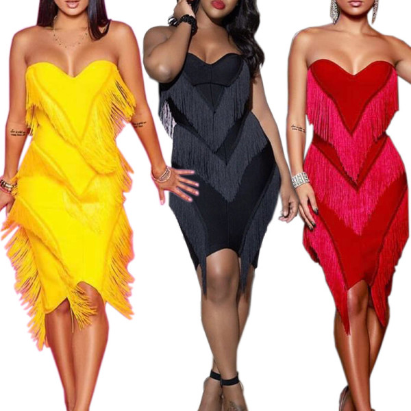 Pure Color Strapless Midi Dresses With Tassel CCY8088