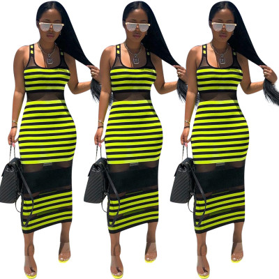 Slim Bodycon Ladies Stripe Sleeveless Pencil Dress E8350