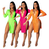 Hot Sexy Split Glitter Sequins Deep V Collar Ladies Dress SMR9231