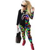 Fashion trend shark mouth camouflage color matching zipper printing two-piece set N9241